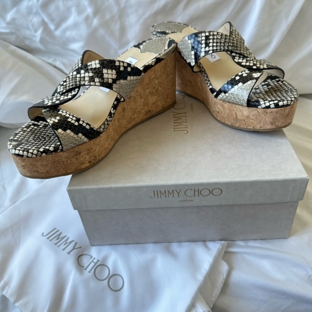 ⭐️ BRAND NEW Jimmy Choo Snakeskin printed leather Atia 75 wedges in size 37 ⭐️